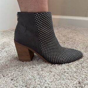 Studded Gray Suede Block Heel Ankle Boot